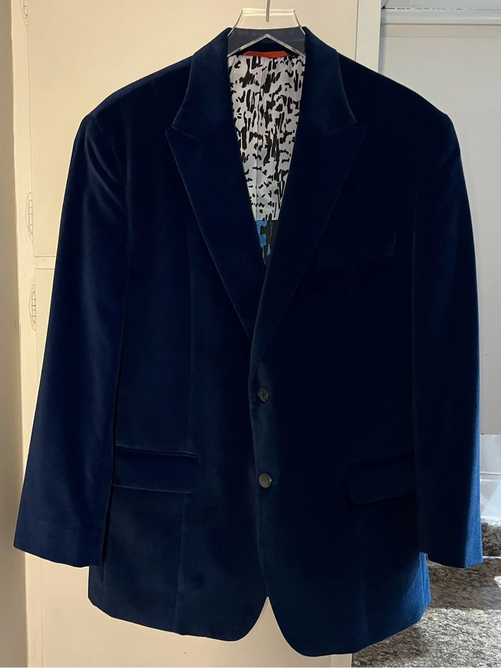 Robert Graham Navy Blue Velvet Corduroy Blazer Printed Lining 44 R Detail Art EC